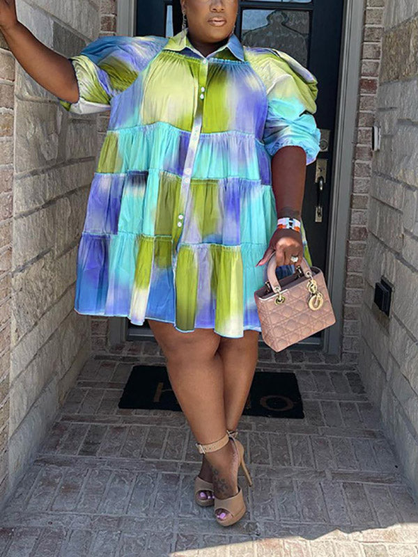 Tie Dye Ruffled Shirt Dress Purple Blue / 3XL