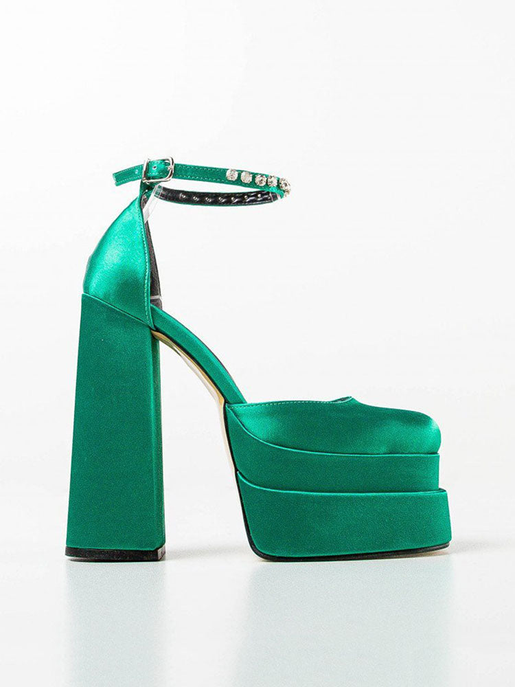 Rhinestone Decor Platform Heels Green / 4/4.5