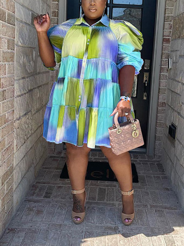 Tie Dye Ruffled Shirt Dress Purple / XL