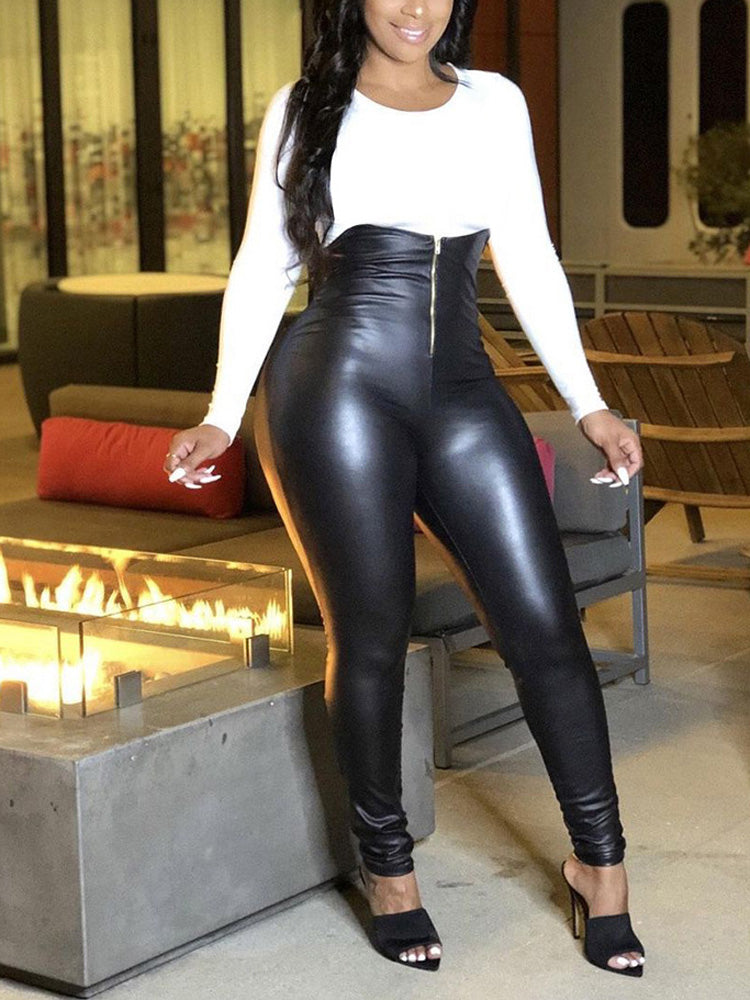 PU Leather Zipper Up Pants Black / L