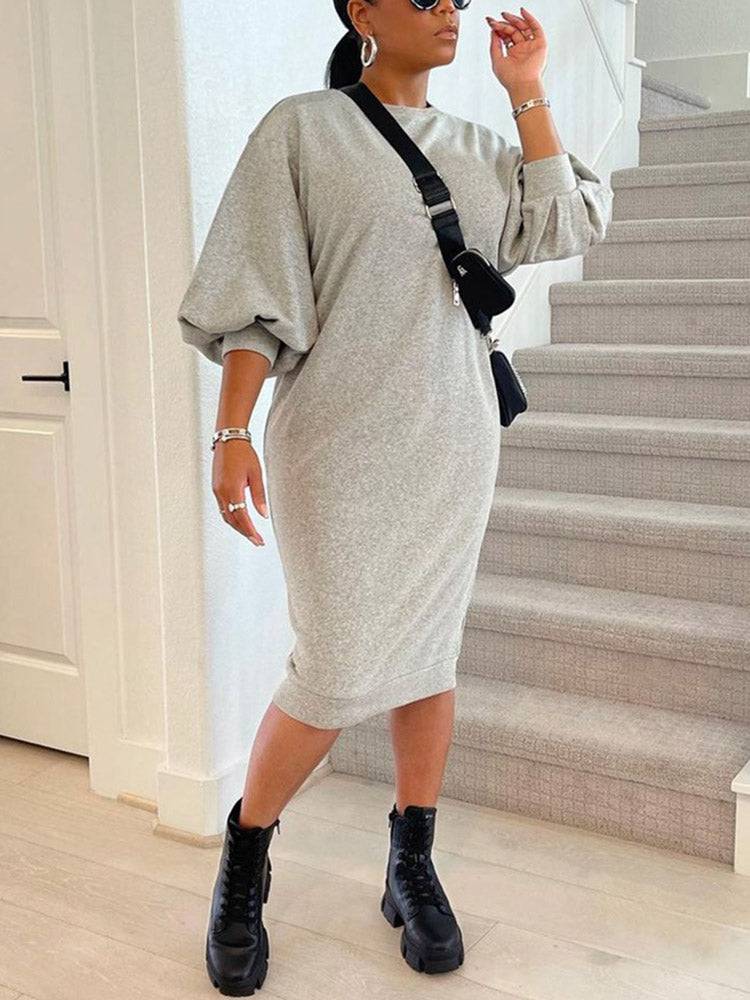 Three-Quarter Sleeve Midi Dress Gray / L