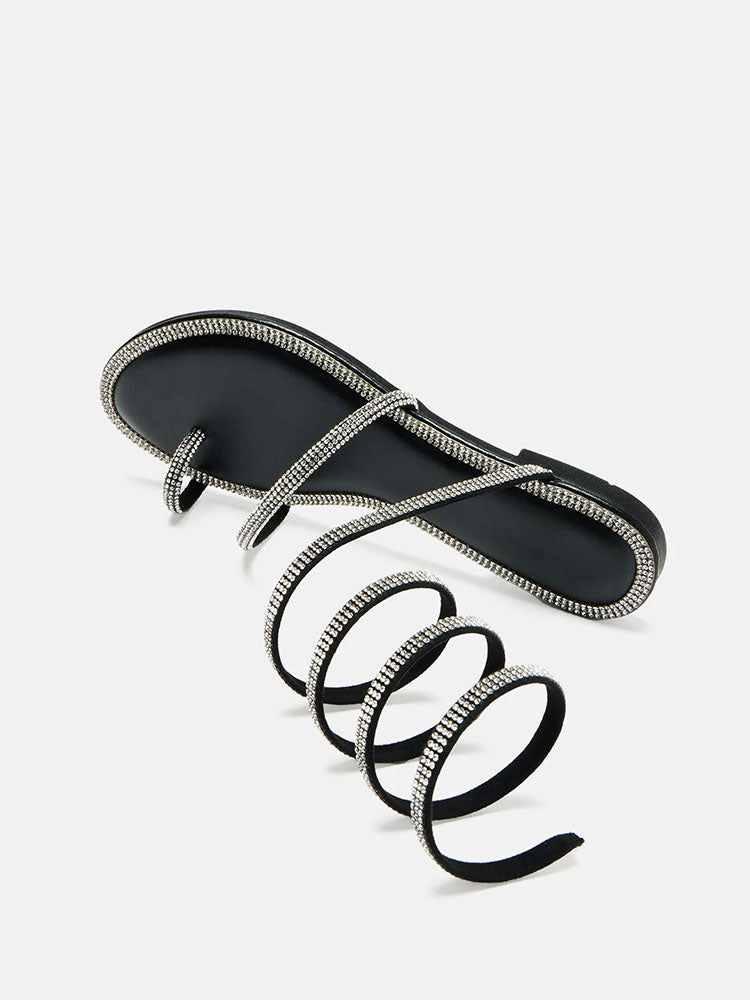 Rhinestone Wrap Around Flat Sandals Black / 6.5/7