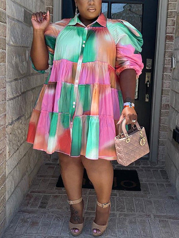 Tie Dye Ruffled Shirt Dress Purple / 3XL