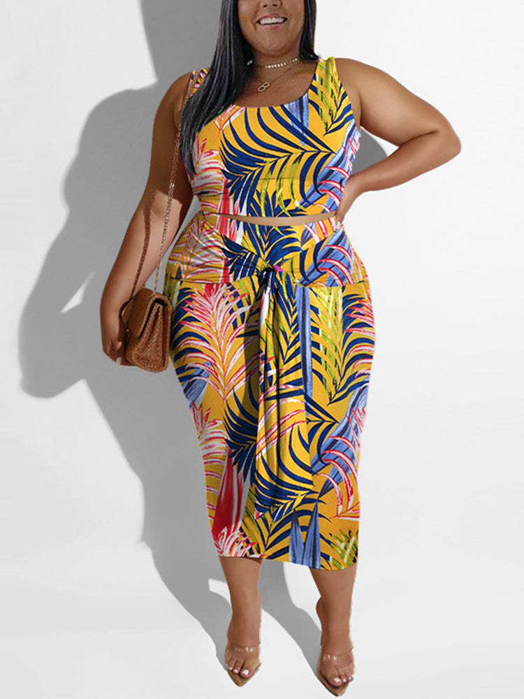 Printed Tie Up Skirt Set Yellow / 4XL