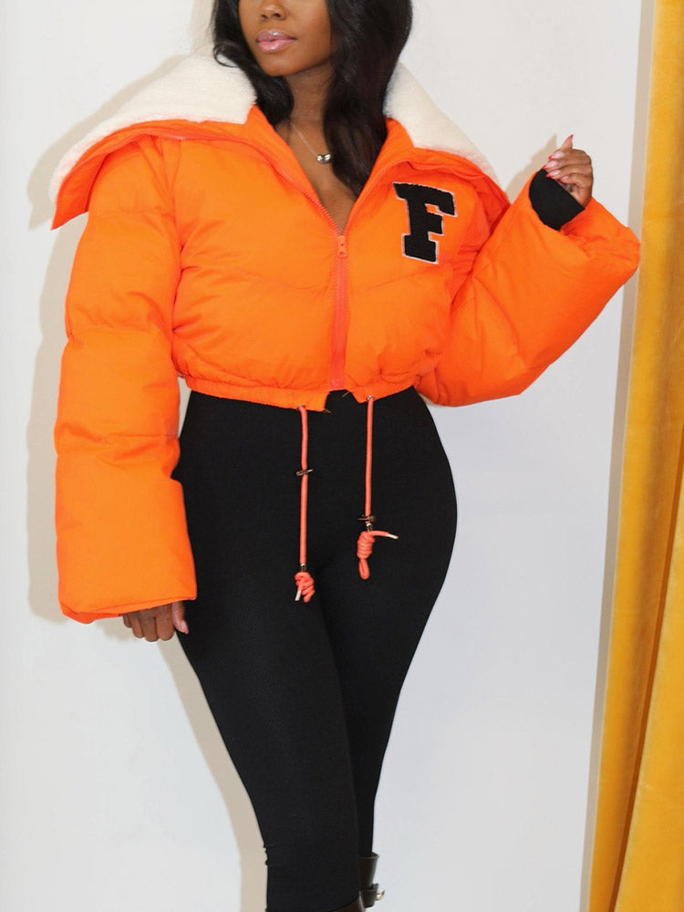 Letter Embroidery Puffer Jacket Orange / XL