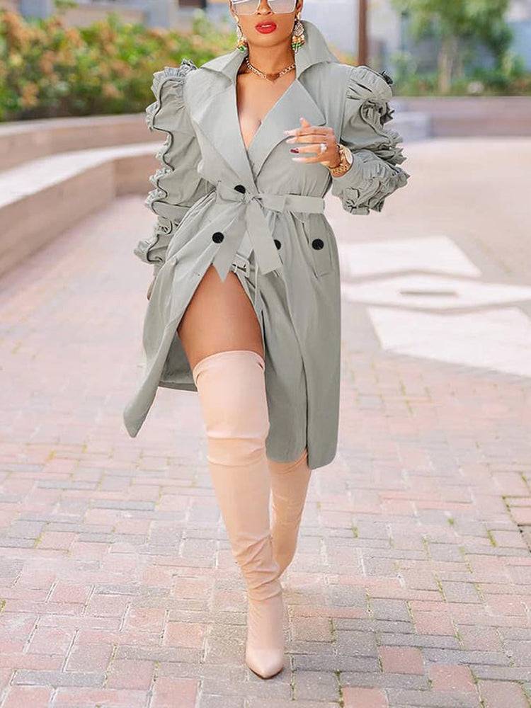 Solid Flounce Turndown Collar Coat Gray Green / L