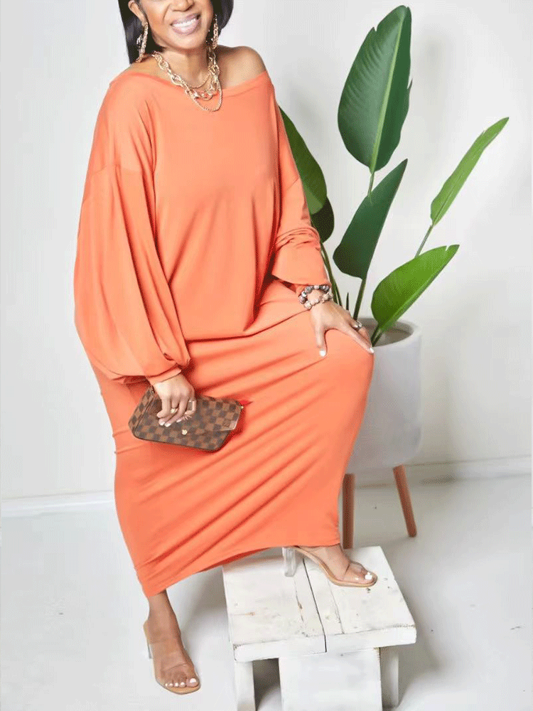 Batwing Sleeve Solid Maxi Dress Black / S