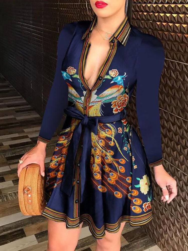 Printed V Neck Belt Dress Floral / M