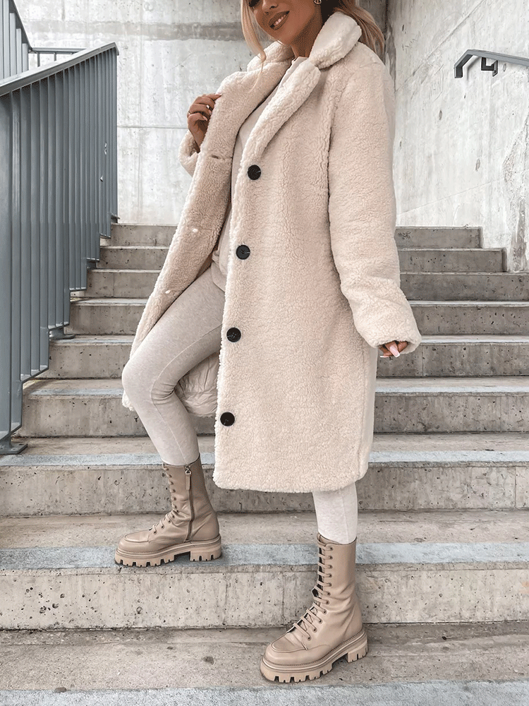 Solid Lapel Teddy Fur Long Coat Apricot / L