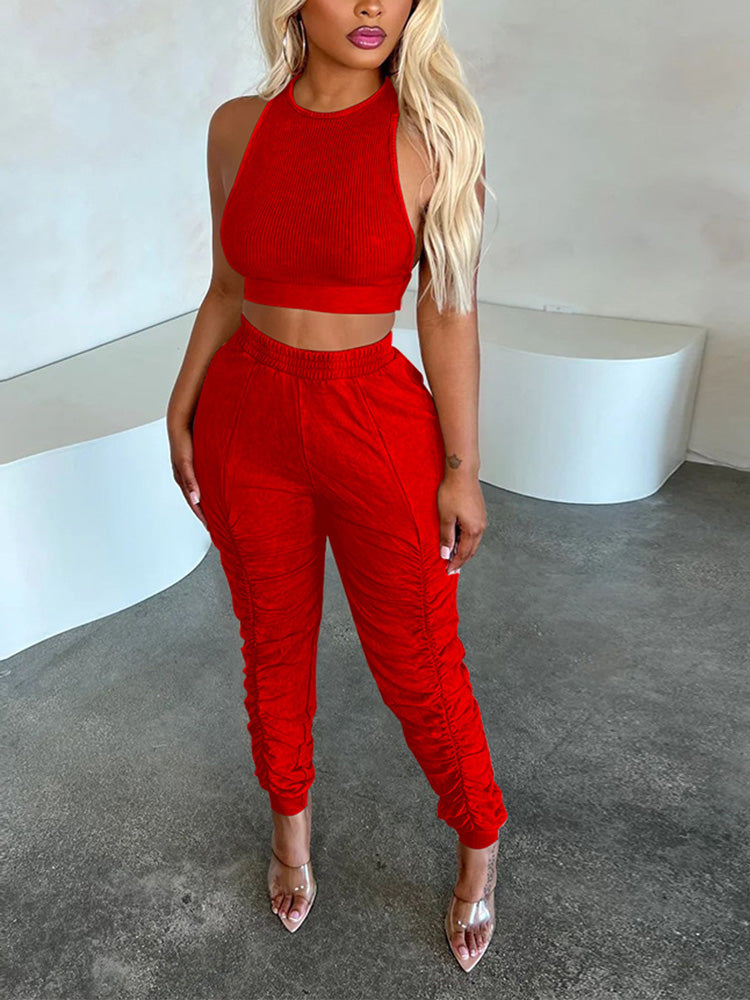 Tank Top Ruched Pants Set Red / XL