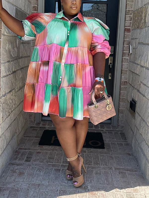 Tie Dye Ruffled Shirt Dress Purple / 2XL
