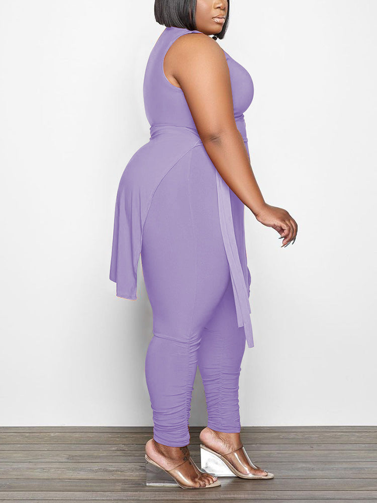 Asymmetrical Top Ruched Pants Set Black / 4XL
