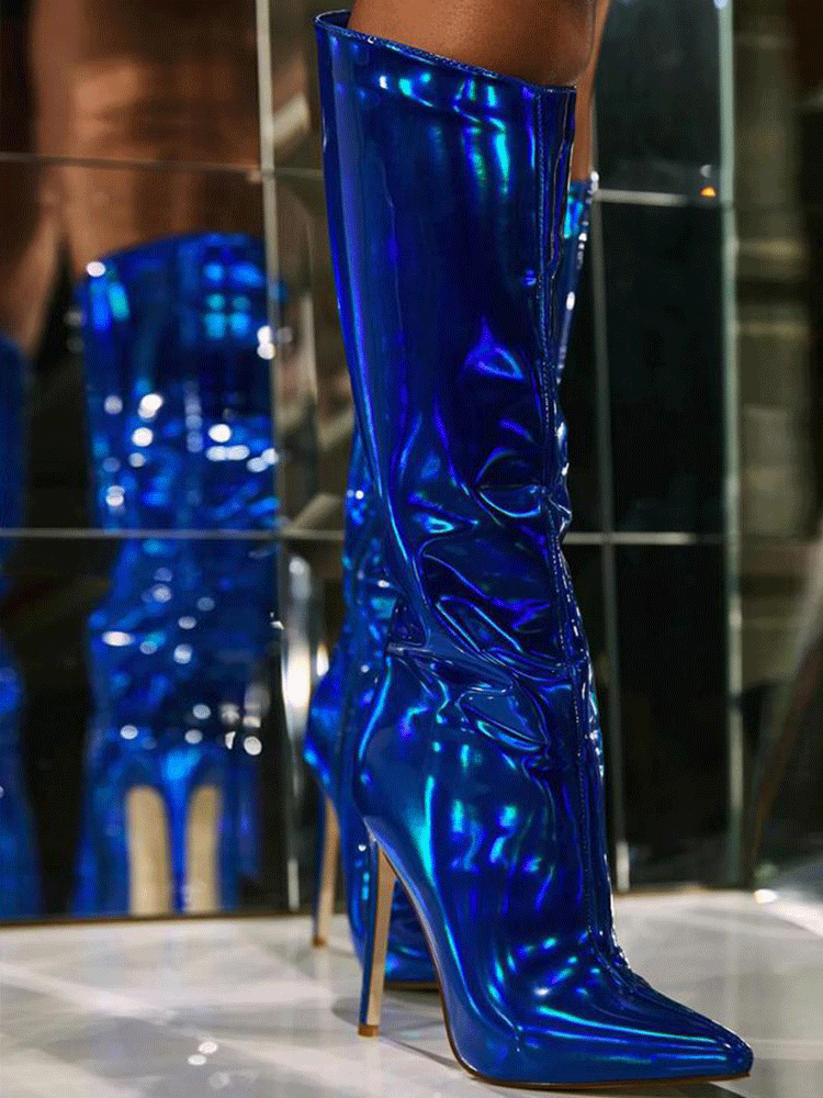 Leather Stiletto Heeled Shiny Boots Blue / 6.5/7