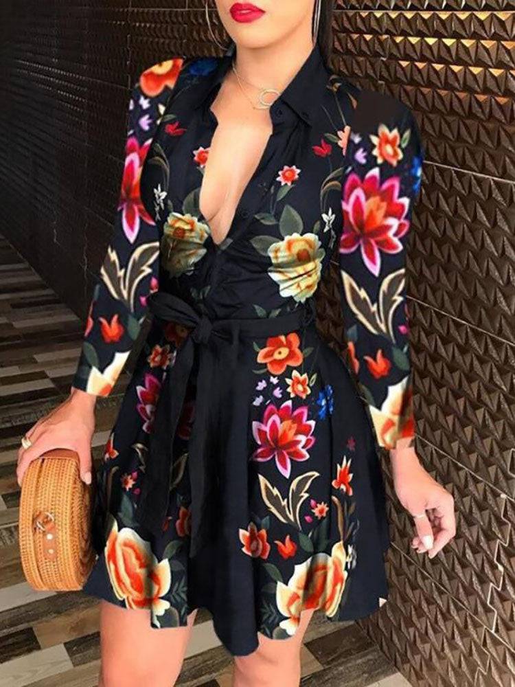 Printed V Neck Belt Dress Blue Stripe / 3XL