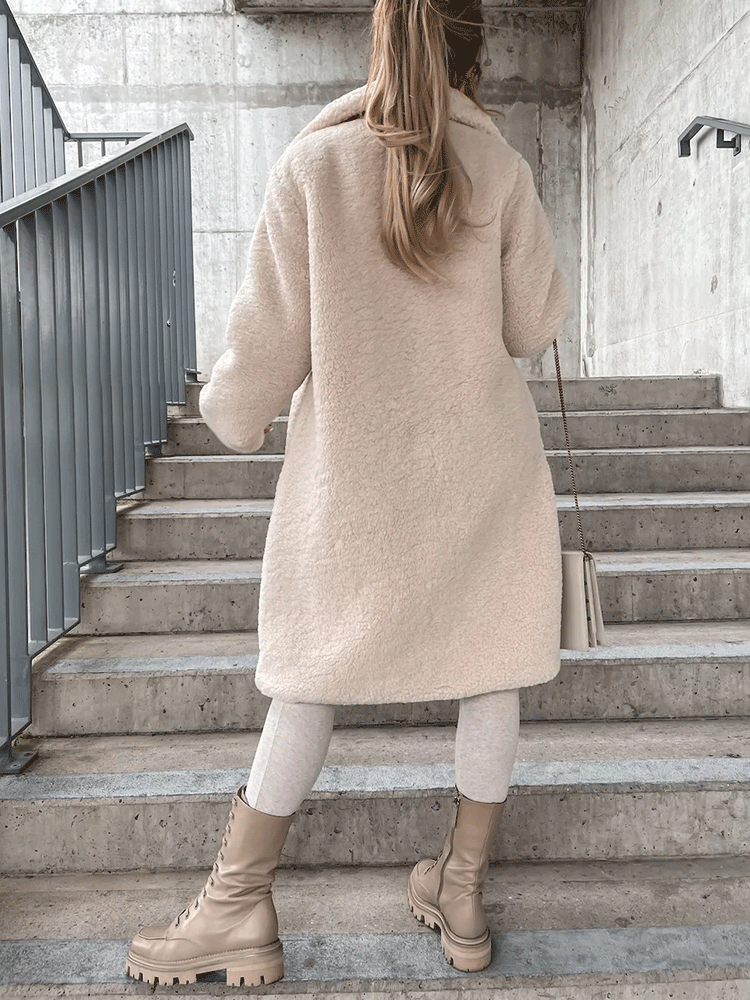 Solid Lapel Teddy Fur Long Coat Apricot / 2XL