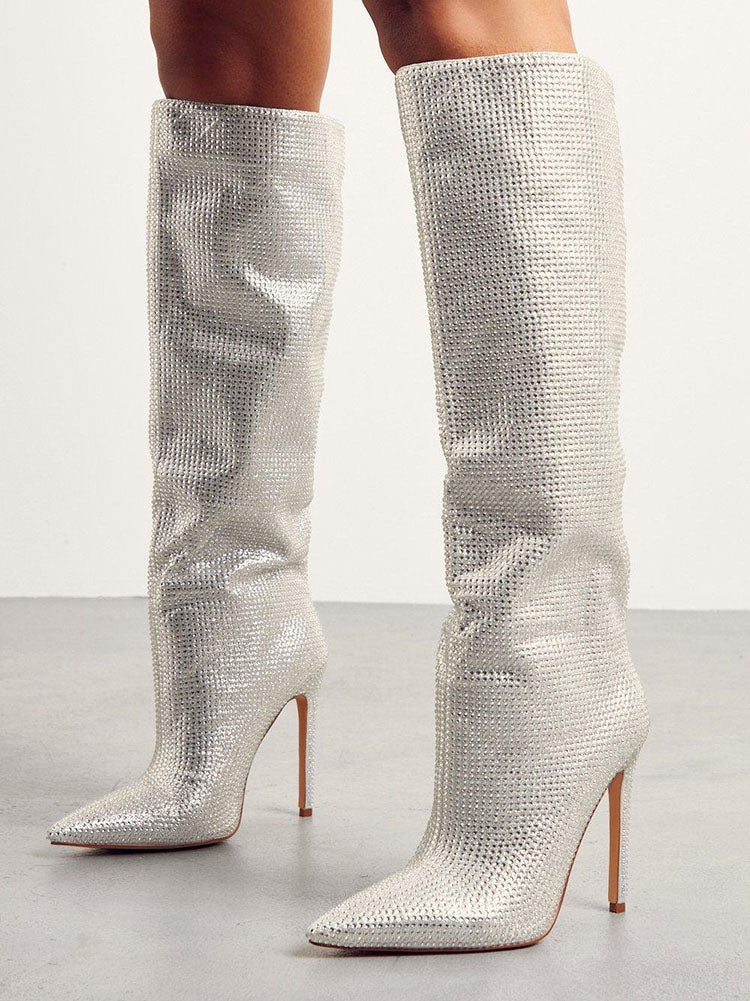 Crystal-Embellished Suede Boots Silver / 5/5.5