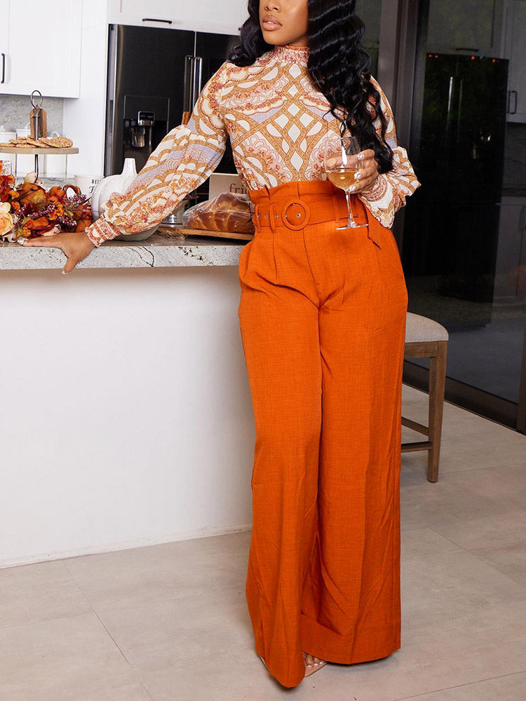 Solid Belt Wide Leg Pants Orange / M
