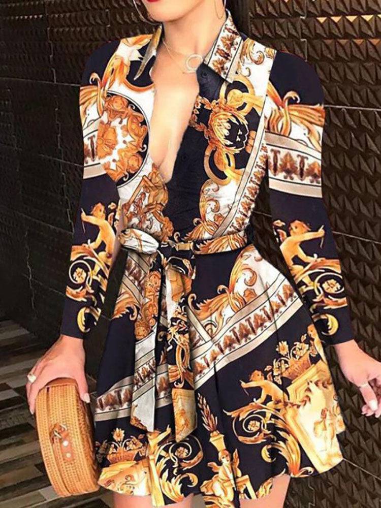 Printed V Neck Belt Dress Black Floral / L
