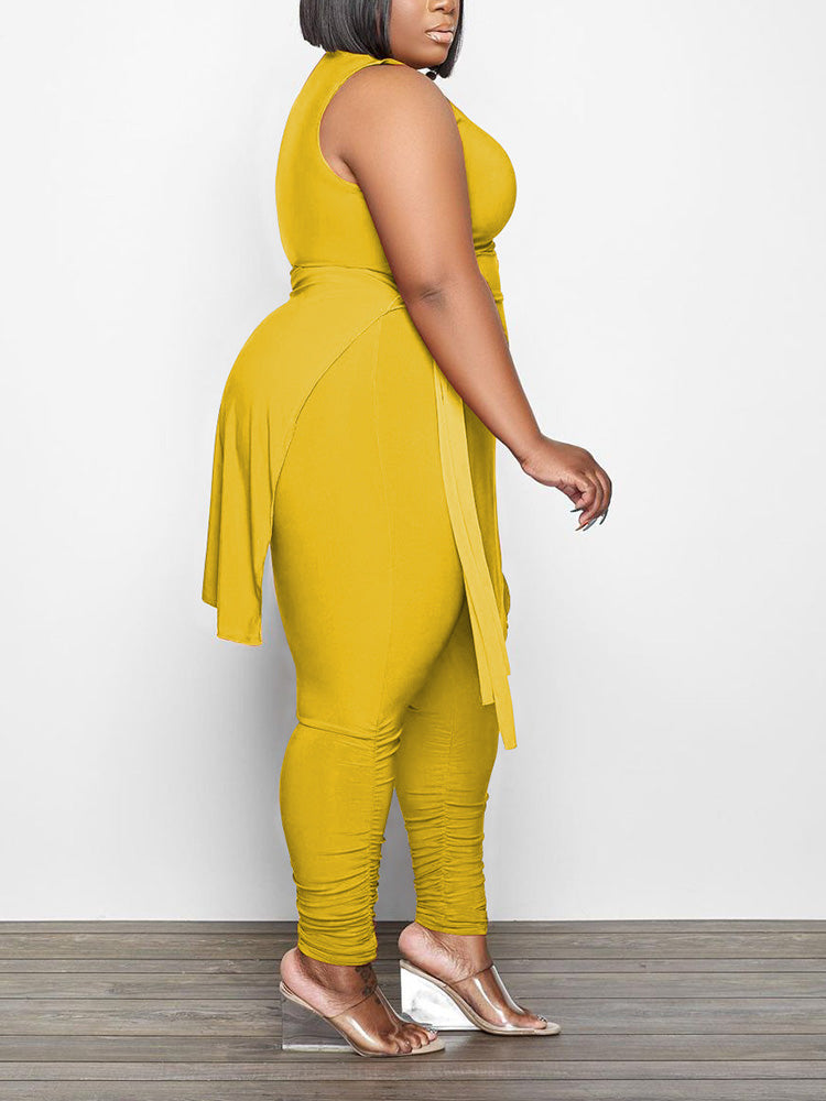 Asymmetrical Top Ruched Pants Set Bright Orange / 2XL