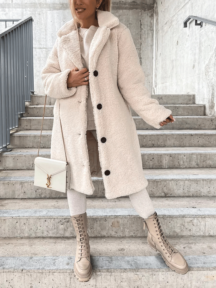 Solid Lapel Teddy Fur Long Coat Apricot / M