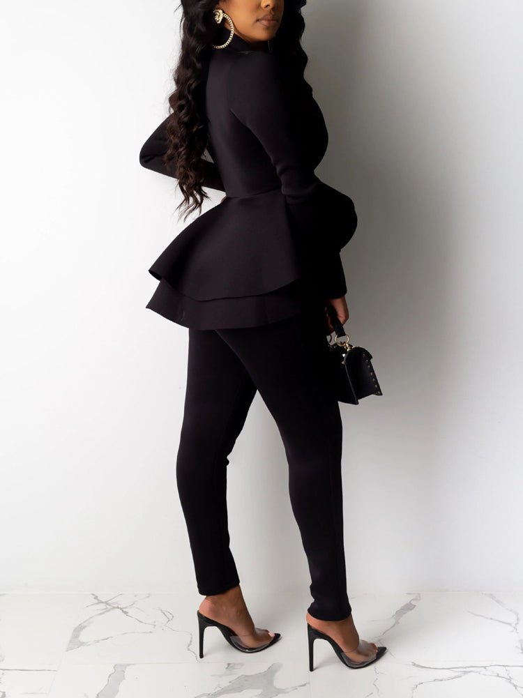 Ruffle Blazer Pants Set Black / S