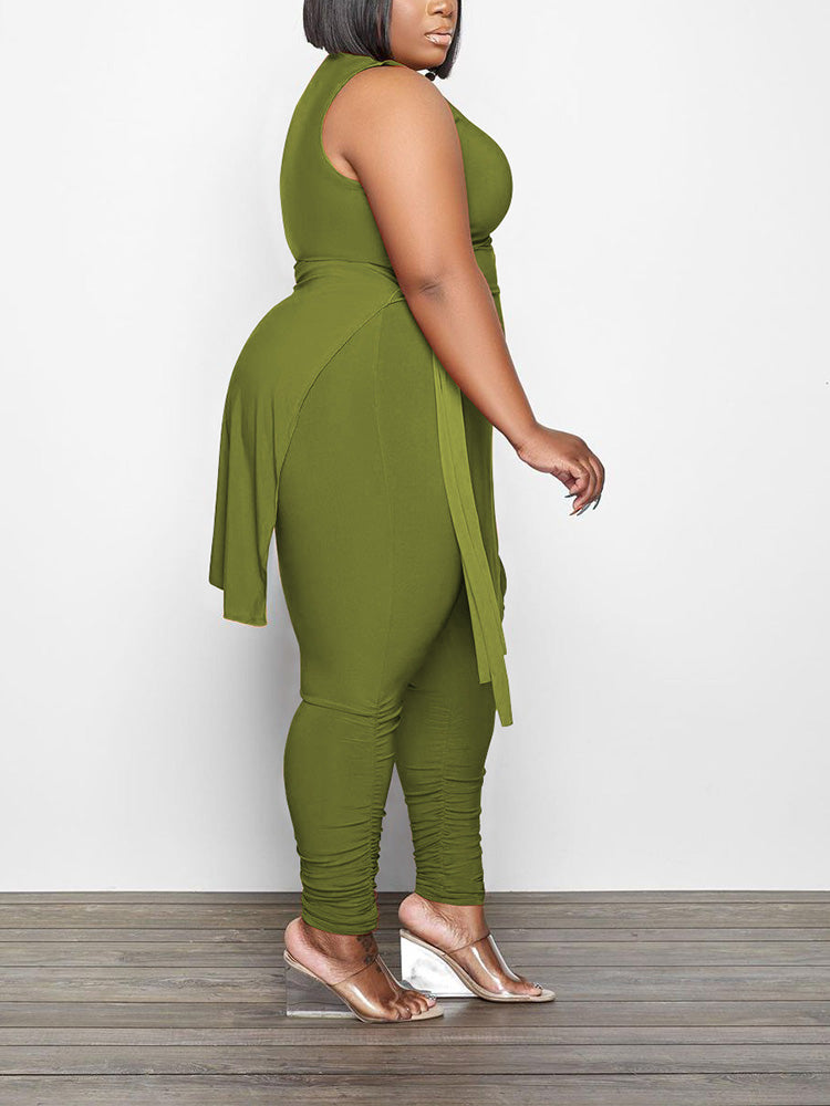 Asymmetrical Top Ruched Pants Set Army Green / XL