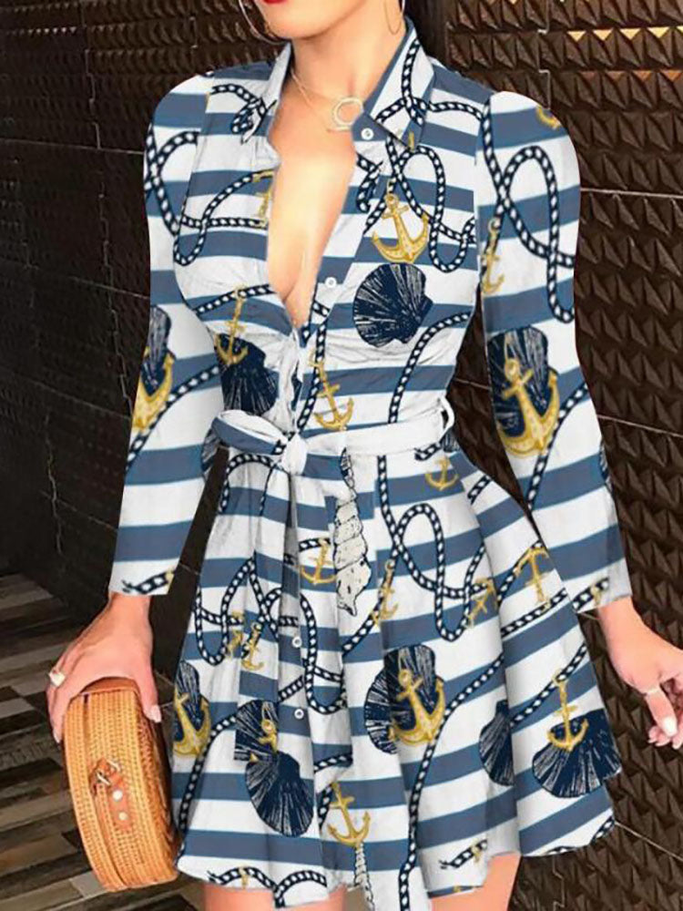 Printed V Neck Belt Dress Floral / L