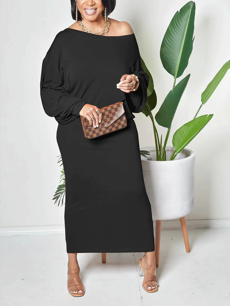 Batwing Sleeve Solid Maxi Dress Black / L