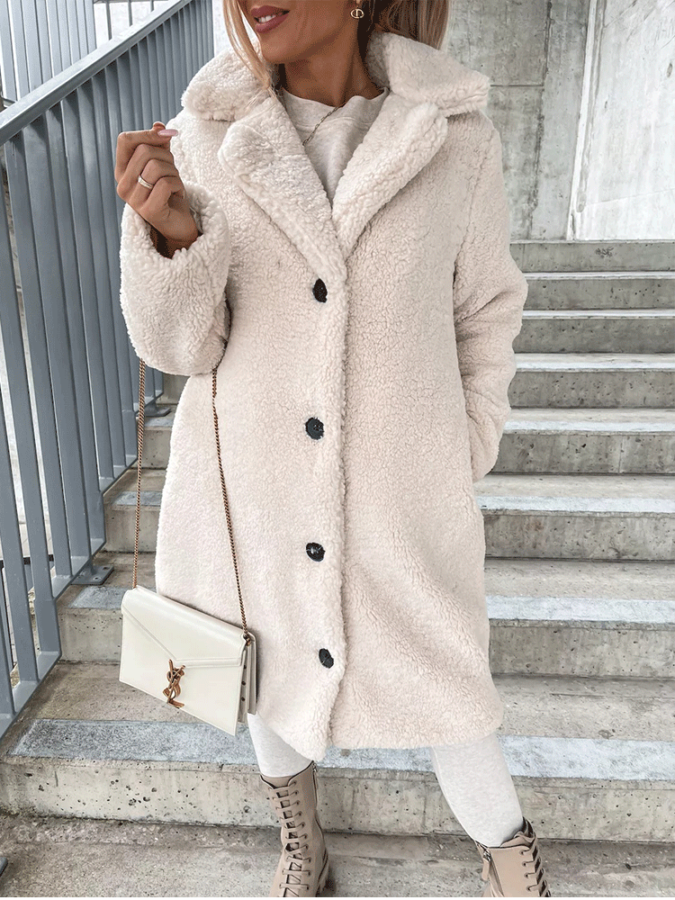 Solid Lapel Teddy Fur Long Coat Apricot / XL