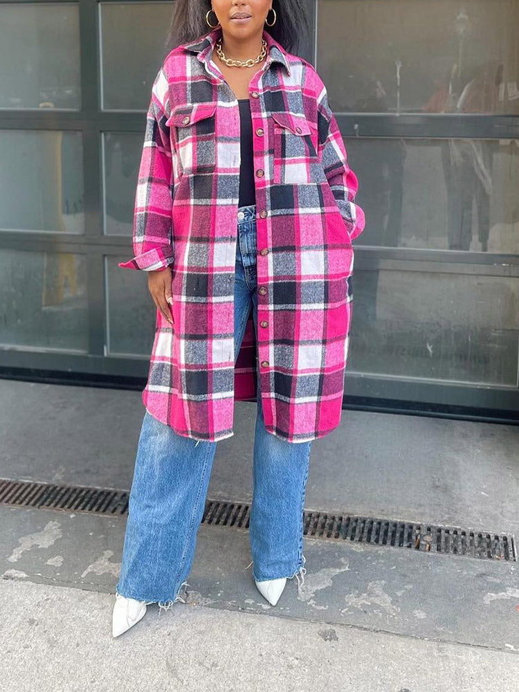 Flannel Pocket Plaid Cardigan Rose / L