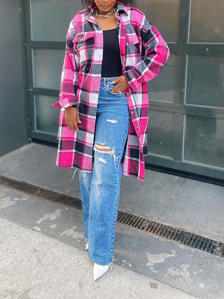 Flannel Pocket Plaid Cardigan Rose / XL
