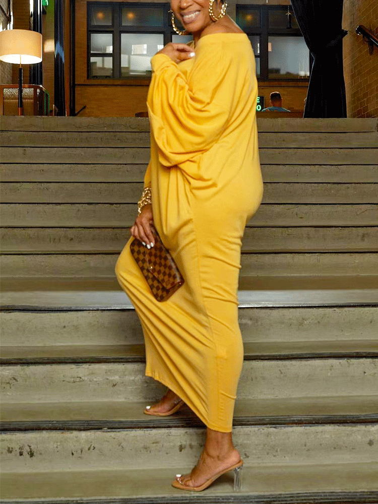 Batwing Sleeve Solid Maxi Dress Yellow / M