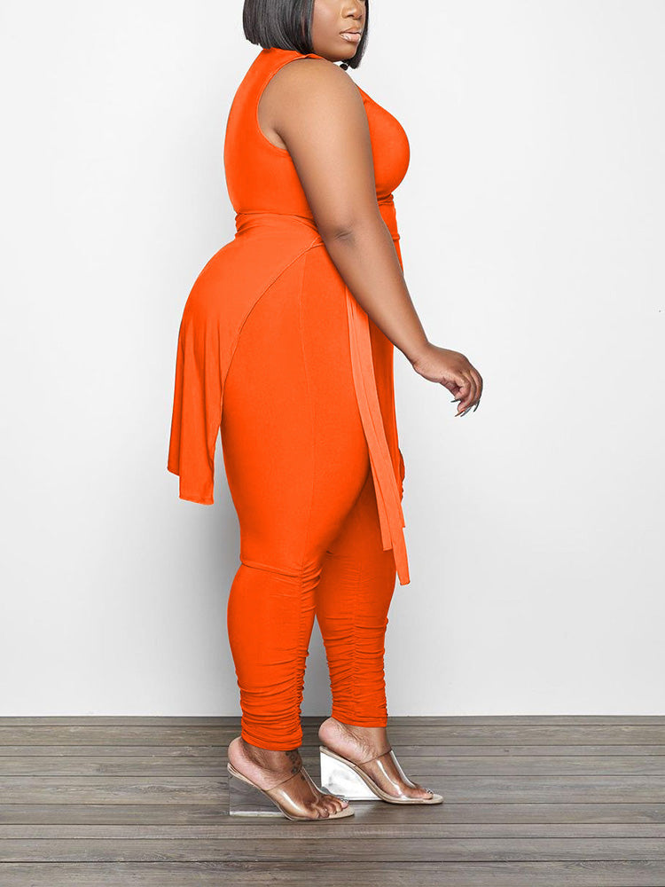 Asymmetrical Top Ruched Pants Set Black / XL