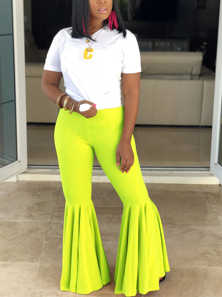 Ruffle Flare Bottom Pants Fluorescent Green / 2XL