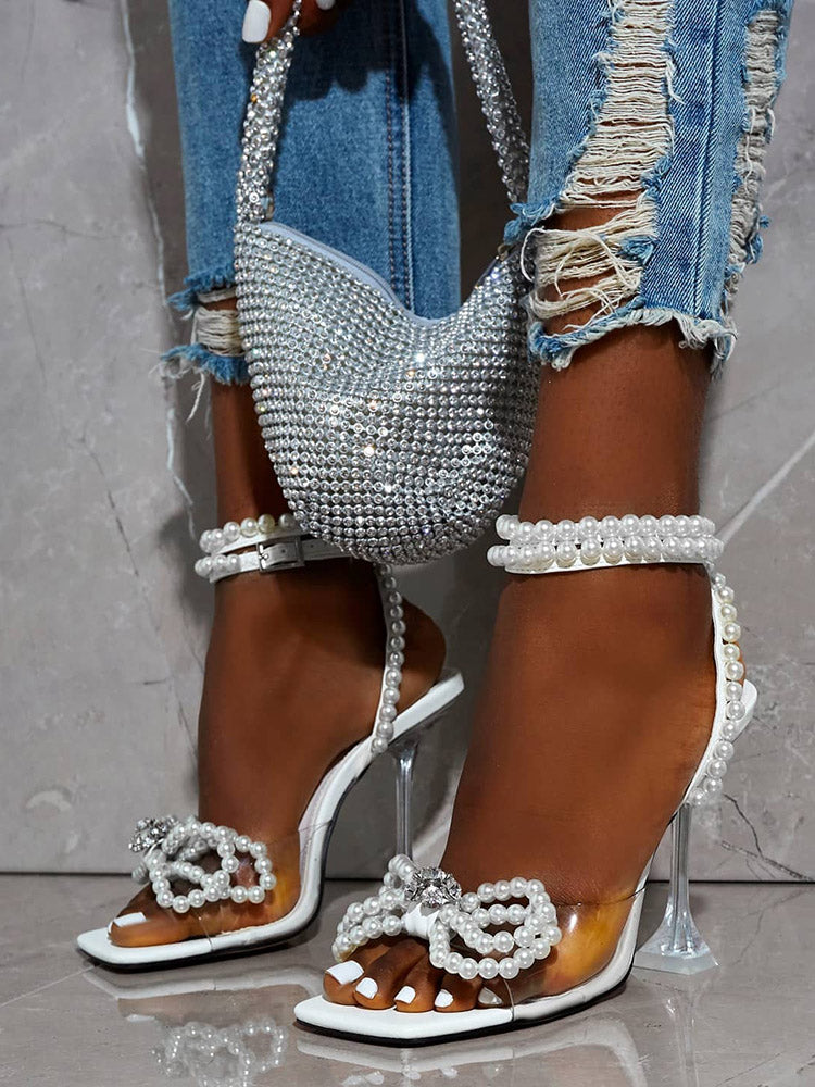 Pearl Bow High Heel Sandals White / 5/5.5