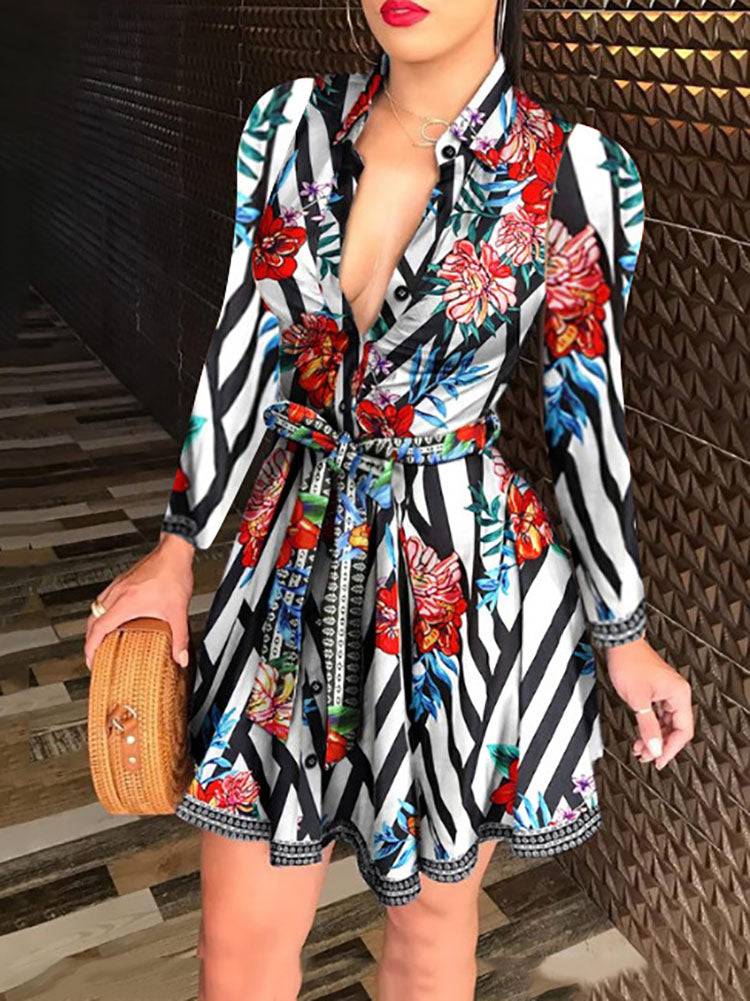 Printed V Neck Belt Dress Floral / XL