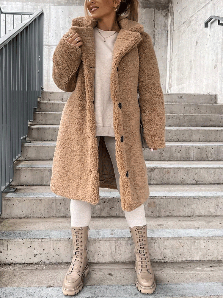Solid Lapel Teddy Fur Long Coat Apricot / 3XL