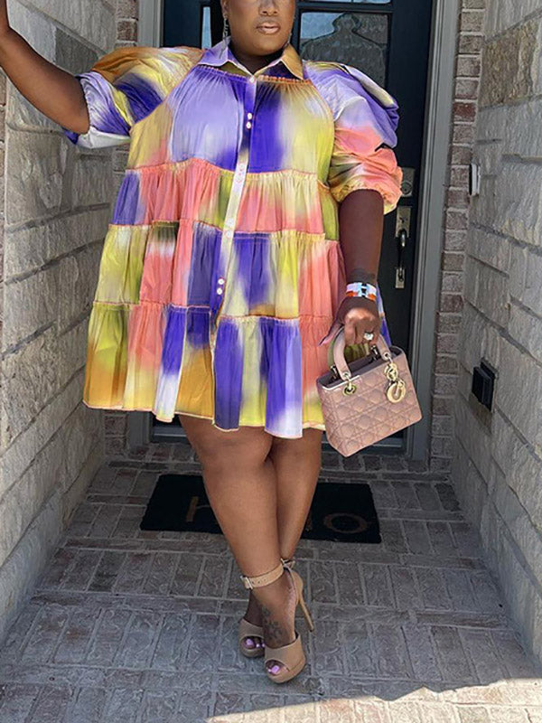Tie Dye Ruffled Shirt Dress Purple Blue / 5XL