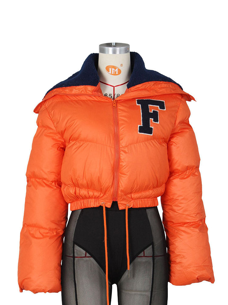 Letter Embroidery Puffer Jacket Orange Blue(Glossy) / S