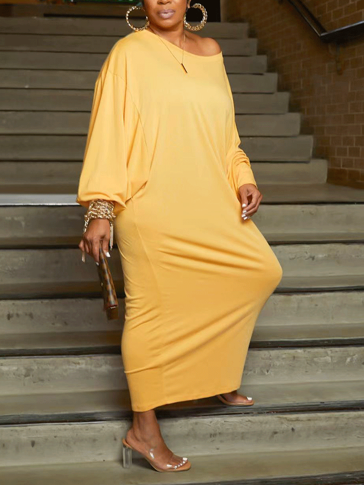 Batwing Sleeve Solid Maxi Dress Yellow / L