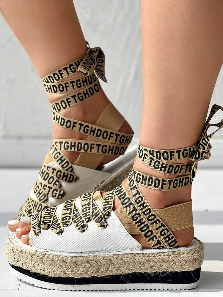 Letter Strappy Platform Sandals Black / 7.5/8