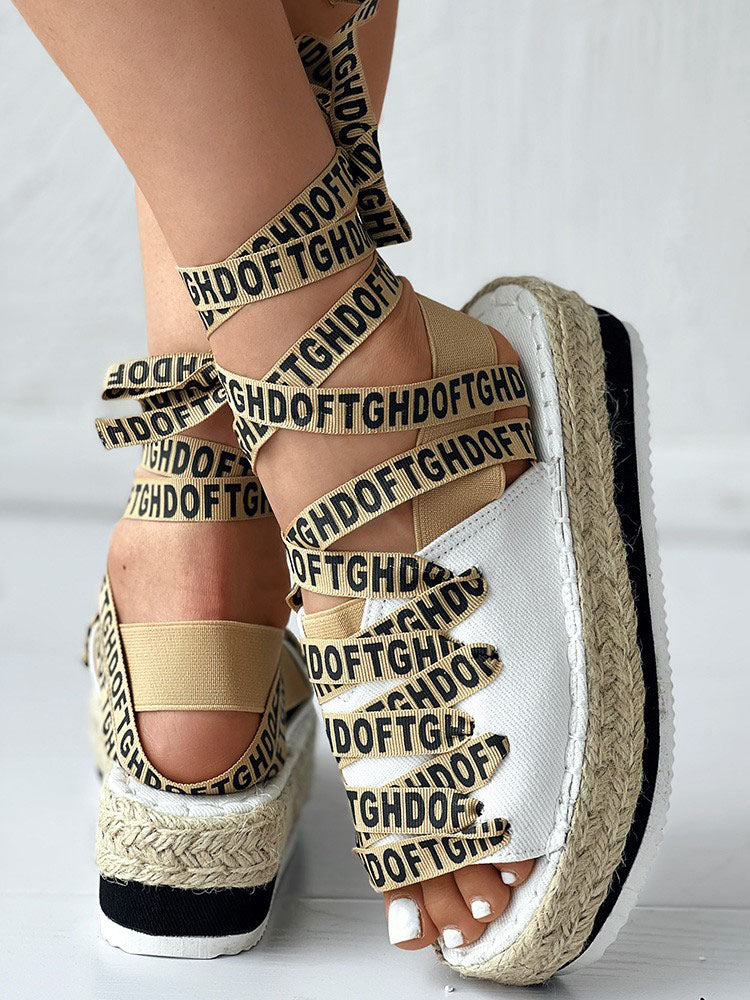 Letter Strappy Platform Sandals Black / 9/9.5