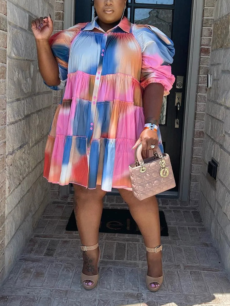 Tie Dye Ruffled Shirt Dress Rose / 2XL