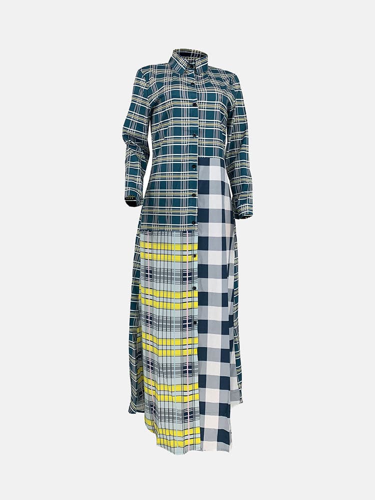 Plaid Turndown Collar Dresses Coat Yellow / L