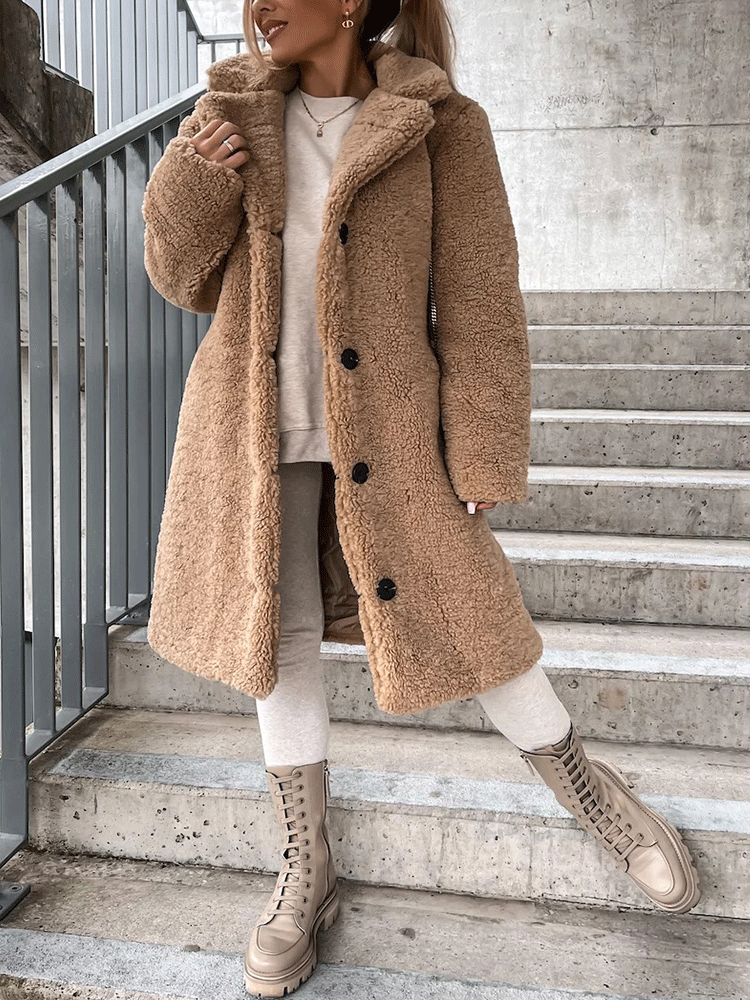 Solid Lapel Teddy Fur Long Coat Apricot / 4XL