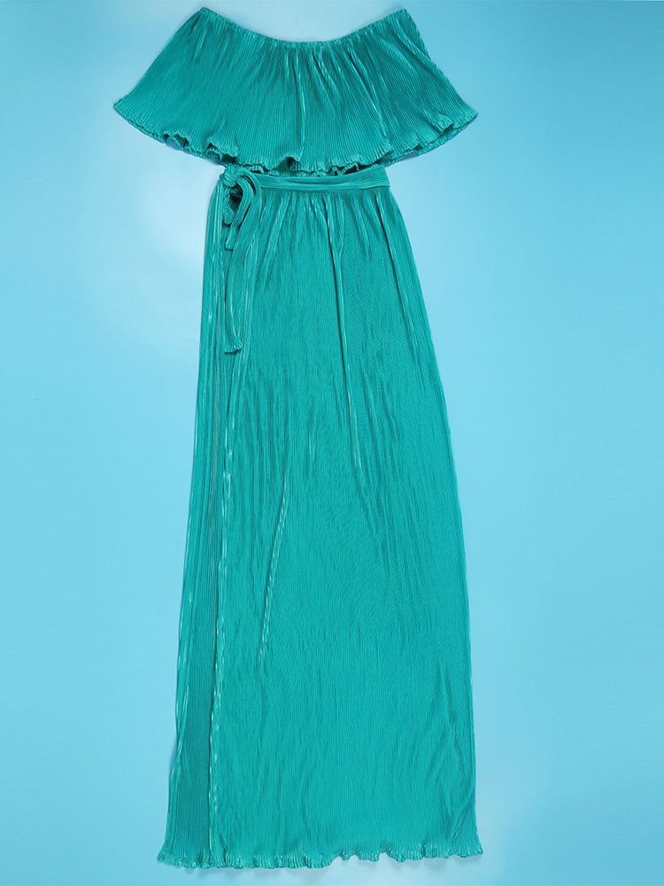 Off Shoulder Top Split Skirt Blue / L