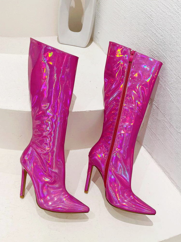 Leather Stiletto Heeled Shiny Boots Rose / 7.5/8