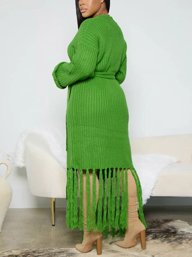 Knit Tassels With Belt Cardigan Green / M