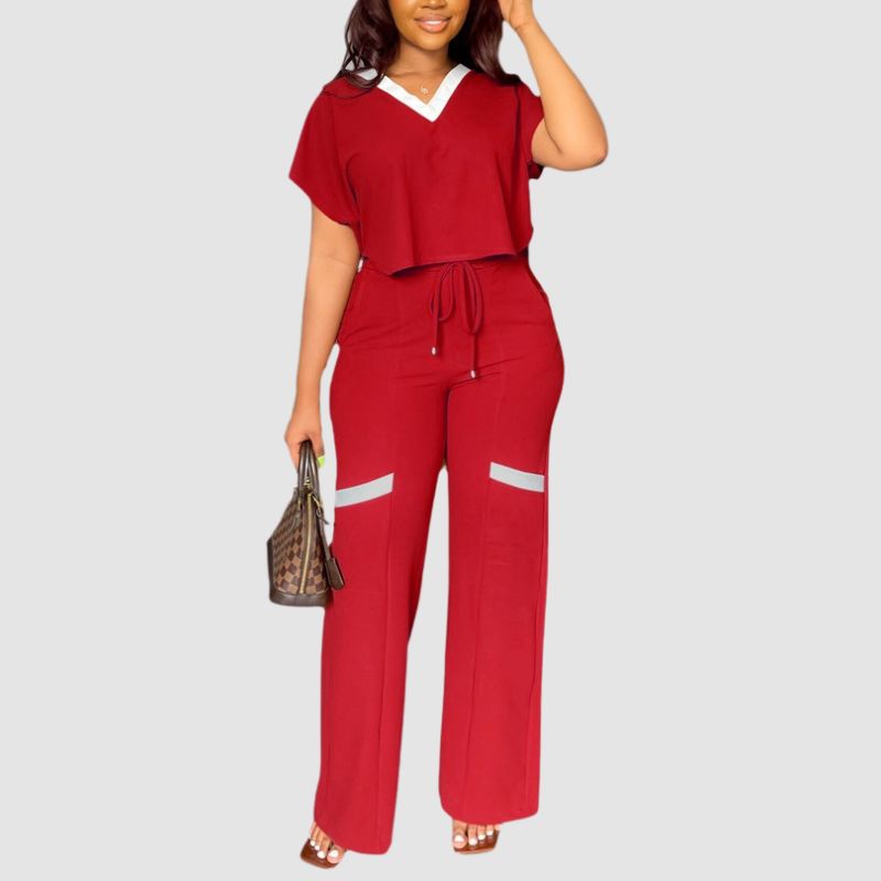 V-neck Color Contrast Tee & Wide Leg Pants Set Black / M