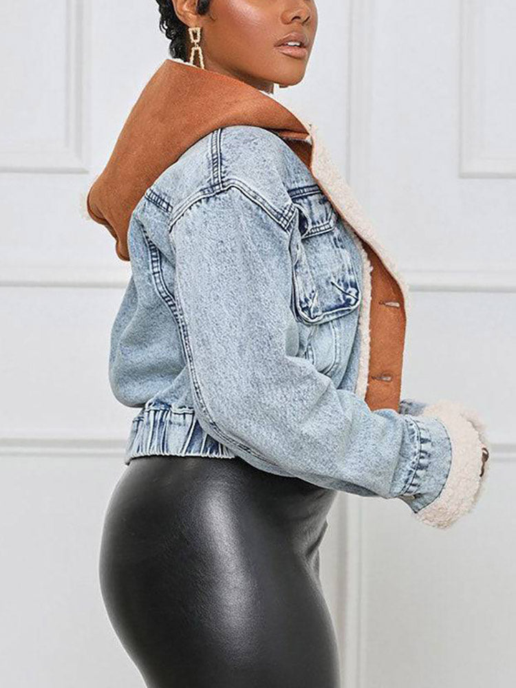 Hoodie Denim Faux Fur Jacket Blue / XL